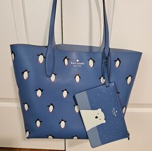 KATE SPADE Arctic Friends Penguin Large Reversible Tote Bag Handbag